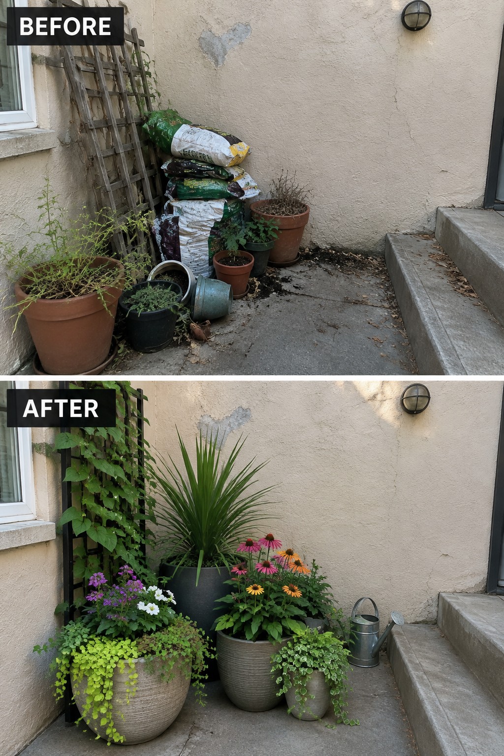 Before and after of cluttered patio transformed into neat garden with colorful potted plants
