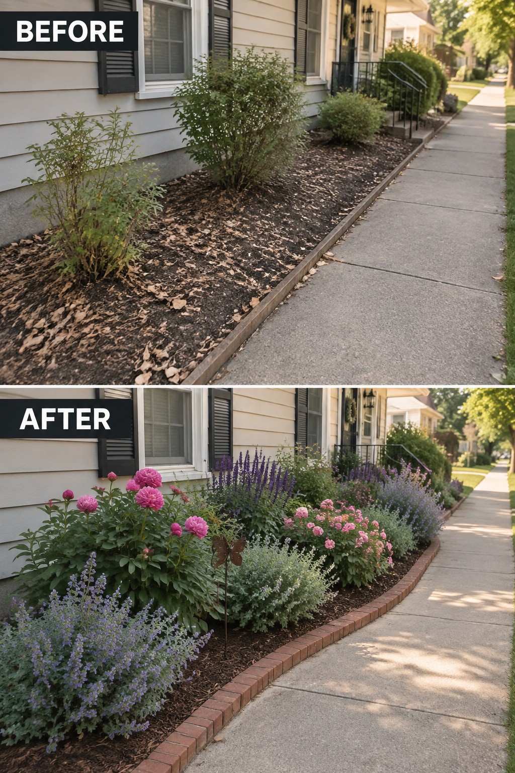 Before-and-after garden bed: mulched leaves transformed into colorful flowers with brick edging