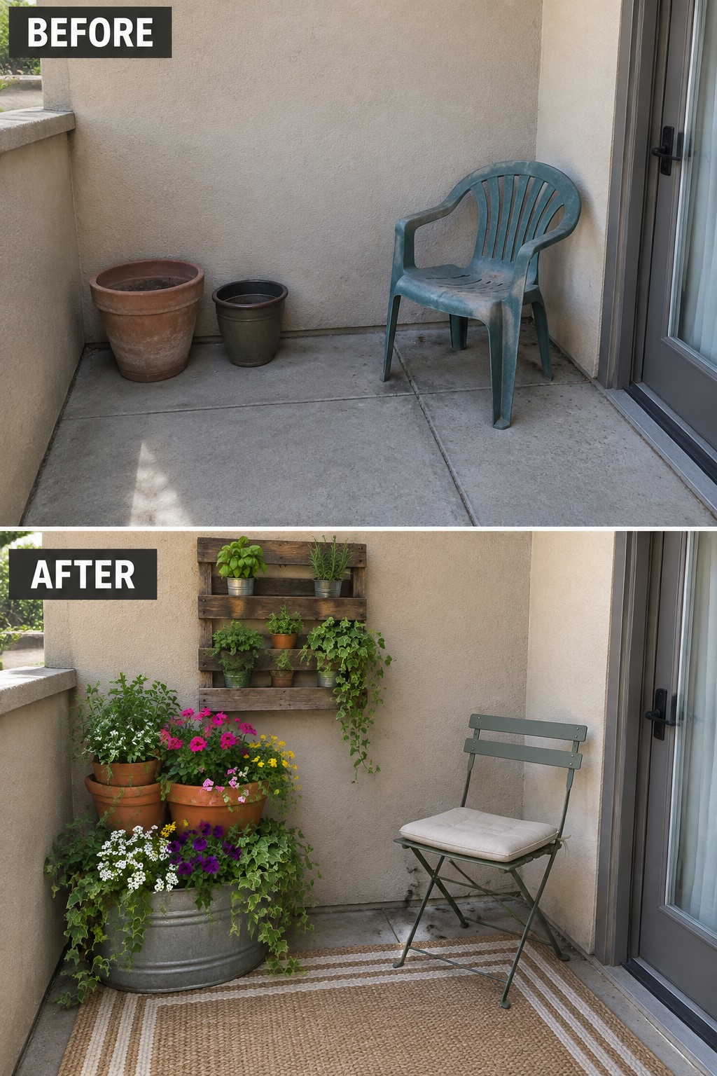 Before-and-after balcony makeover with plants, pallet wall, chair, and striped rug.