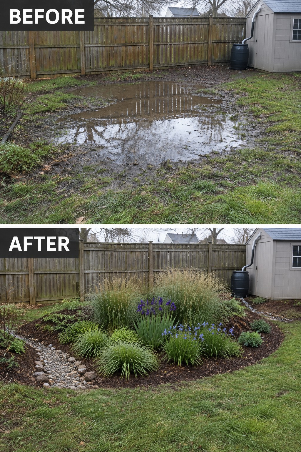 Before-and-after backyard transformation from muddy puddle to mulched garden with flowers.