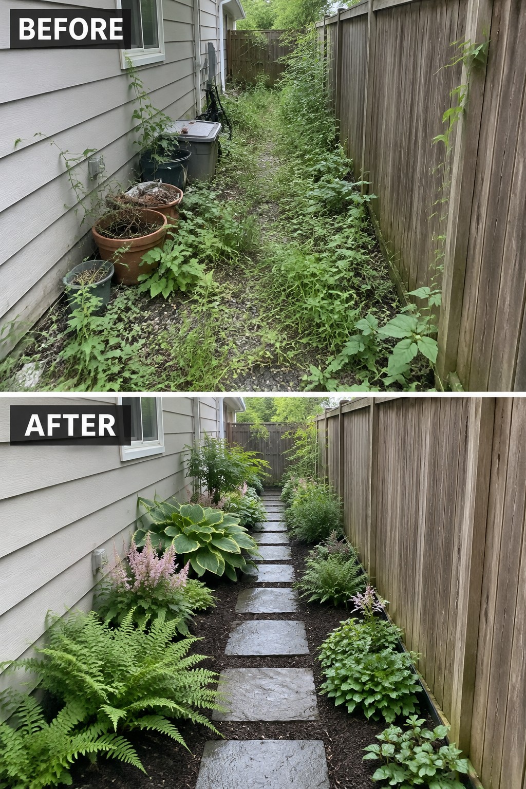 Before and after of overgrown side yard transformed into neat stone path garden with ferns and hostas