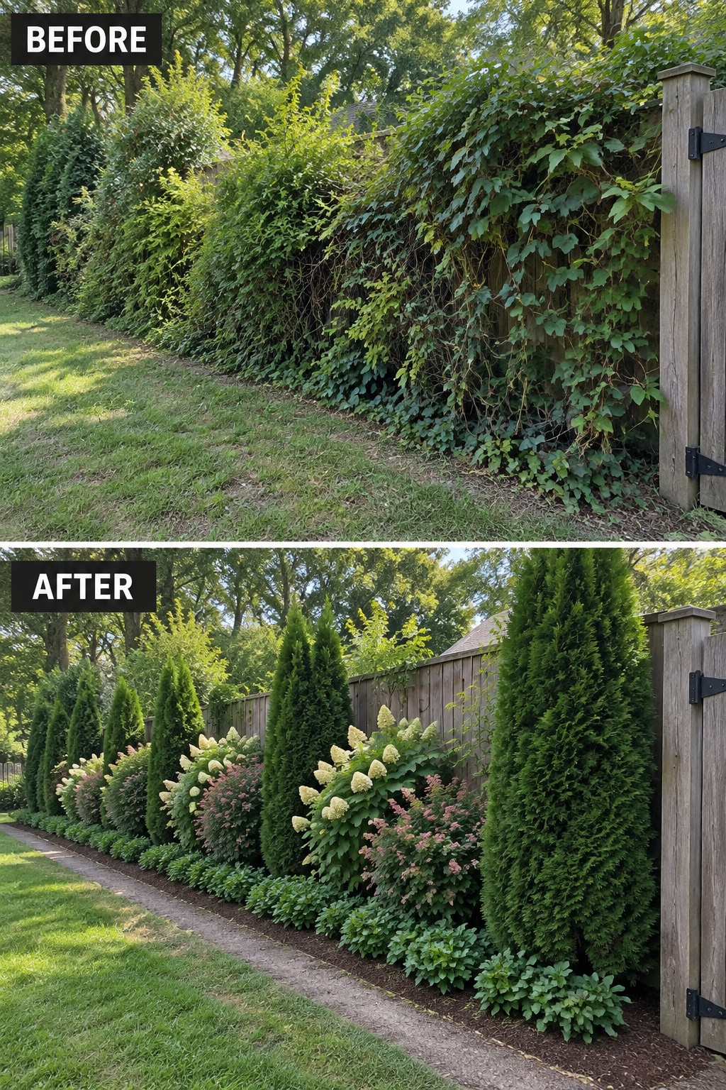 Before and after of overgrown vine fence transformed into neat evergreens and flowering shrubs