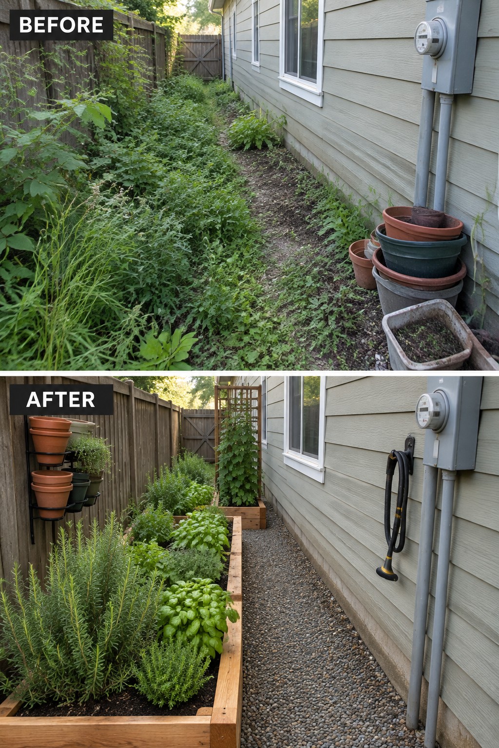 Before and after of overgrown side yard transformed into neat raised garden beds with herbs.