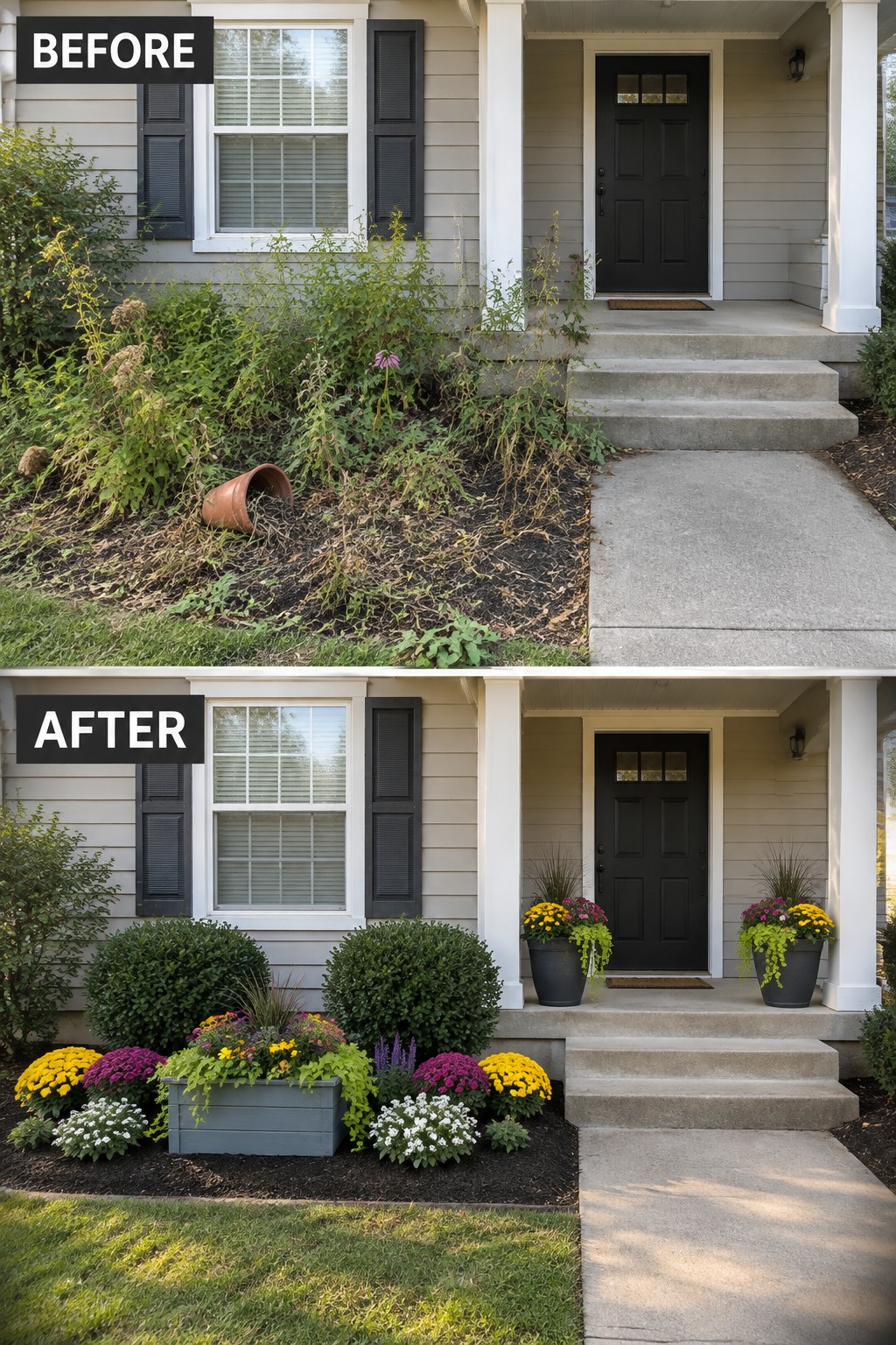 Before-and-after image of an overgrown front garden bed next to a house entry changed into neat mulched beds with shrubs and colorful flowers.