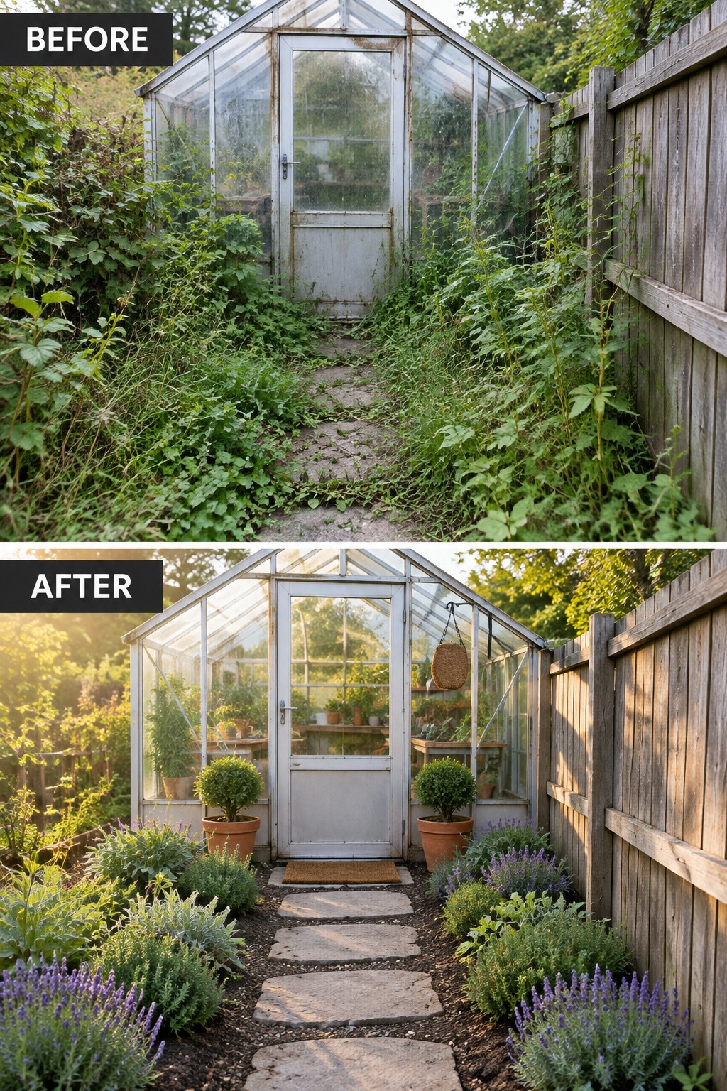 Greenhouse before overgrown with weeds and after cleaned with stone path and potted plants.
