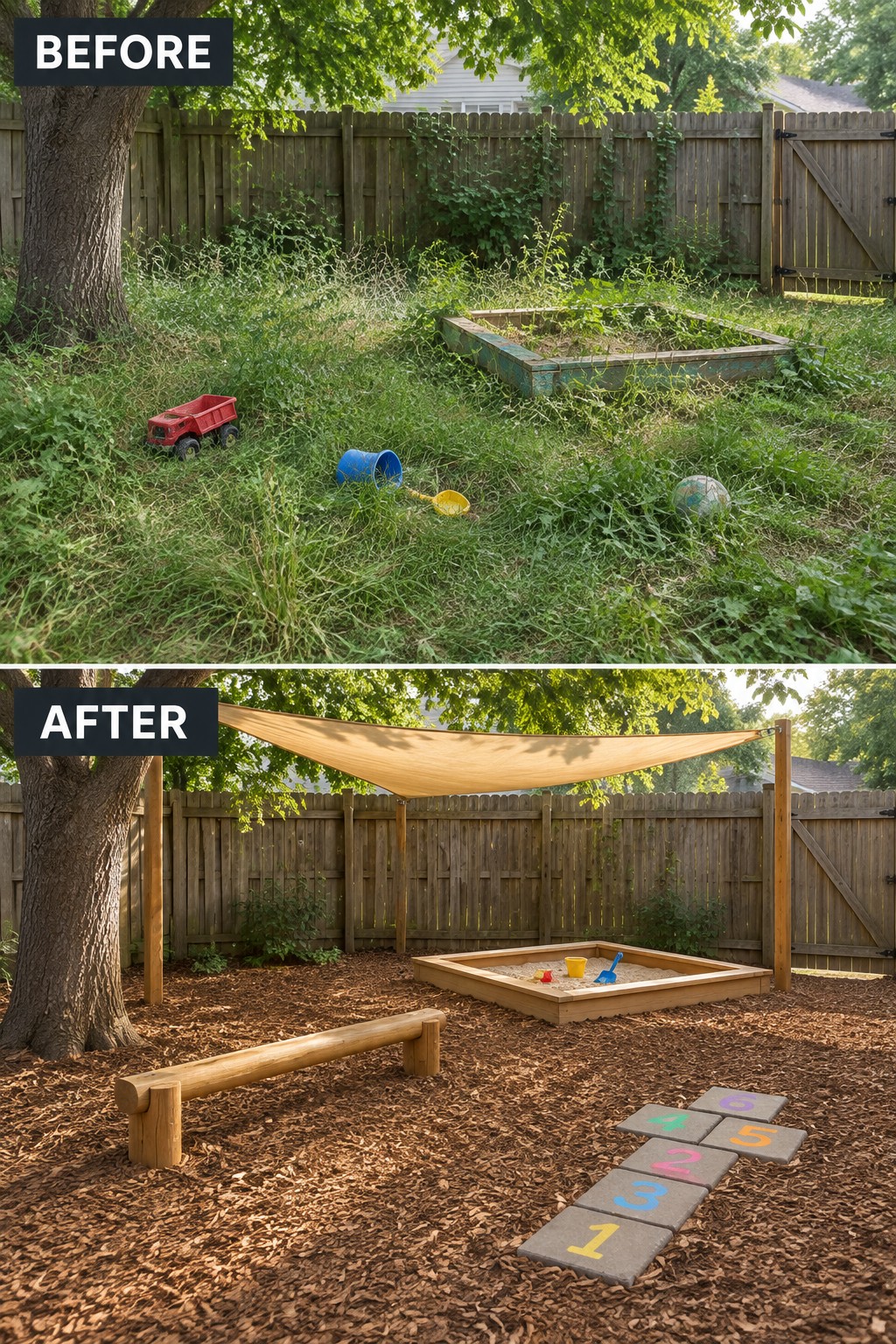 Before and after of overgrown backyard transformed into mulched play area with sandbox and shade sail
