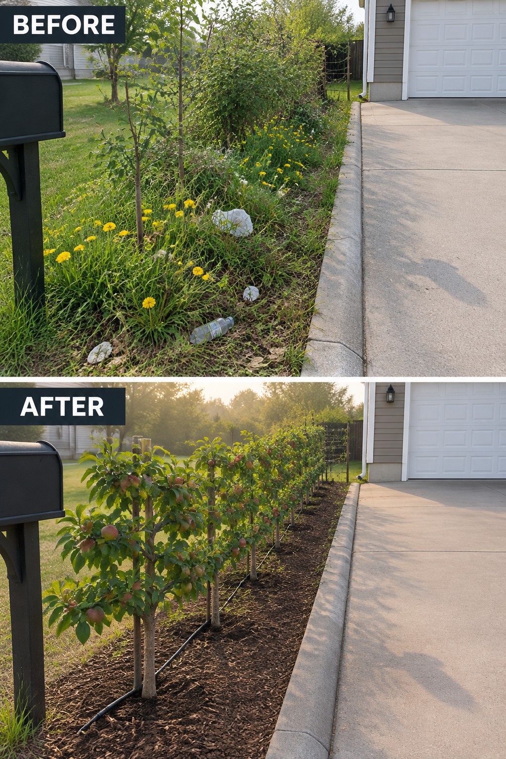 Before messy weedy strip with litter; after young apple trees in mulch.