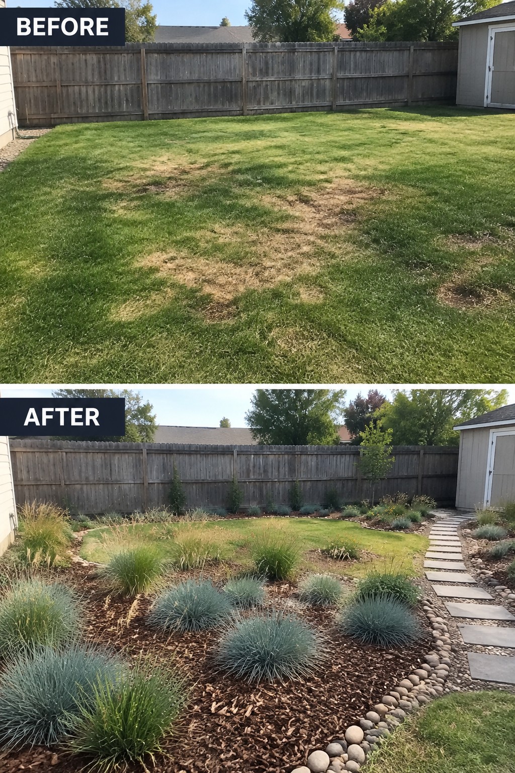 Before and after backyard transformation from plain lawn to mulched garden with path