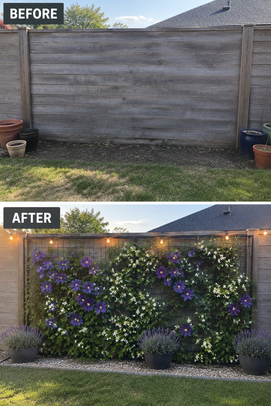 Before and after of plain wooden fence transformed into purple flowering vine trellis with lights.
