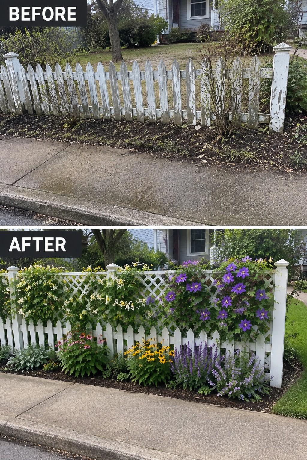 Before-and-after view of white picket fence with colorful blooming flowers and vines.