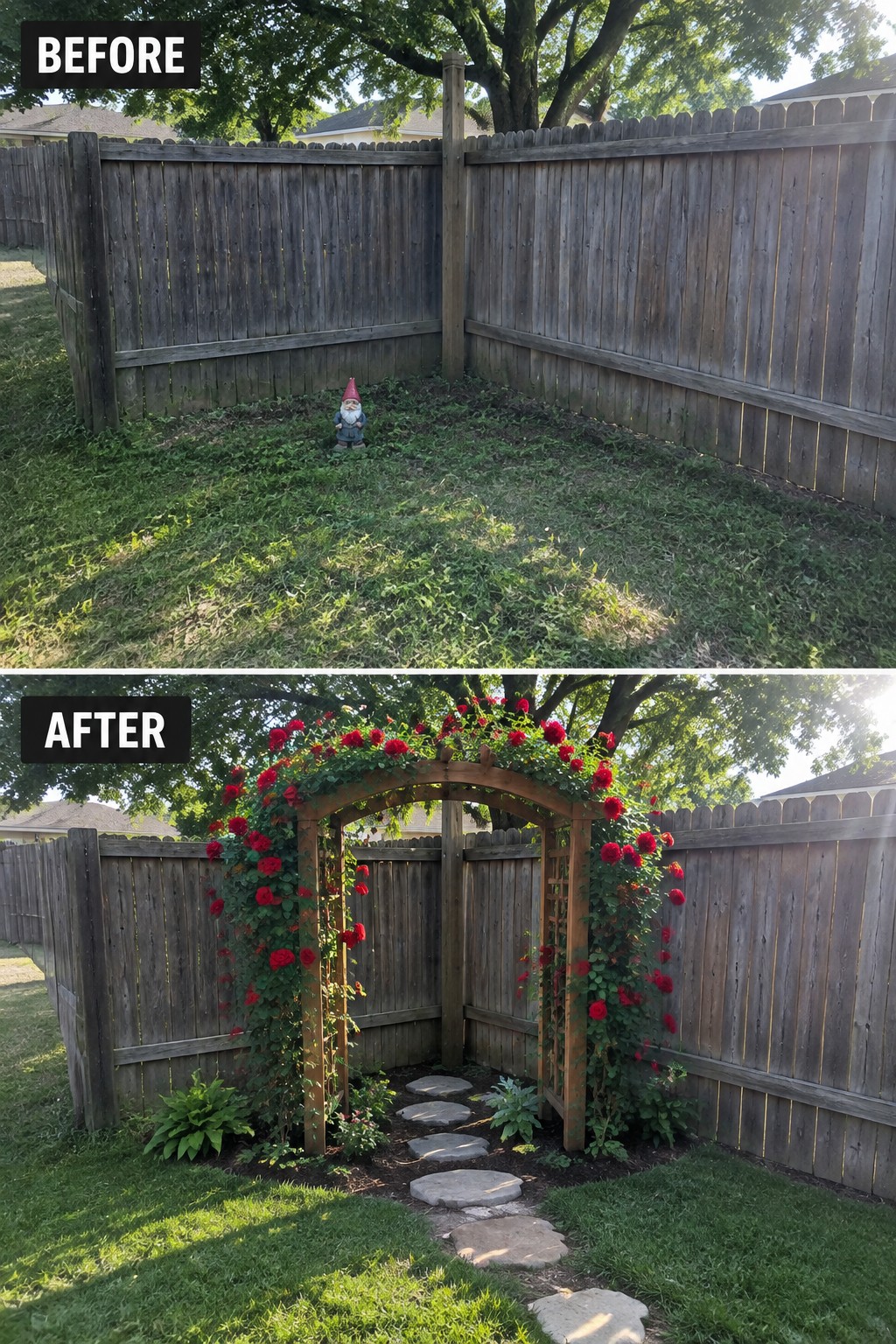 Before and after backyard with gnome, now featuring rose-covered arch and stone path