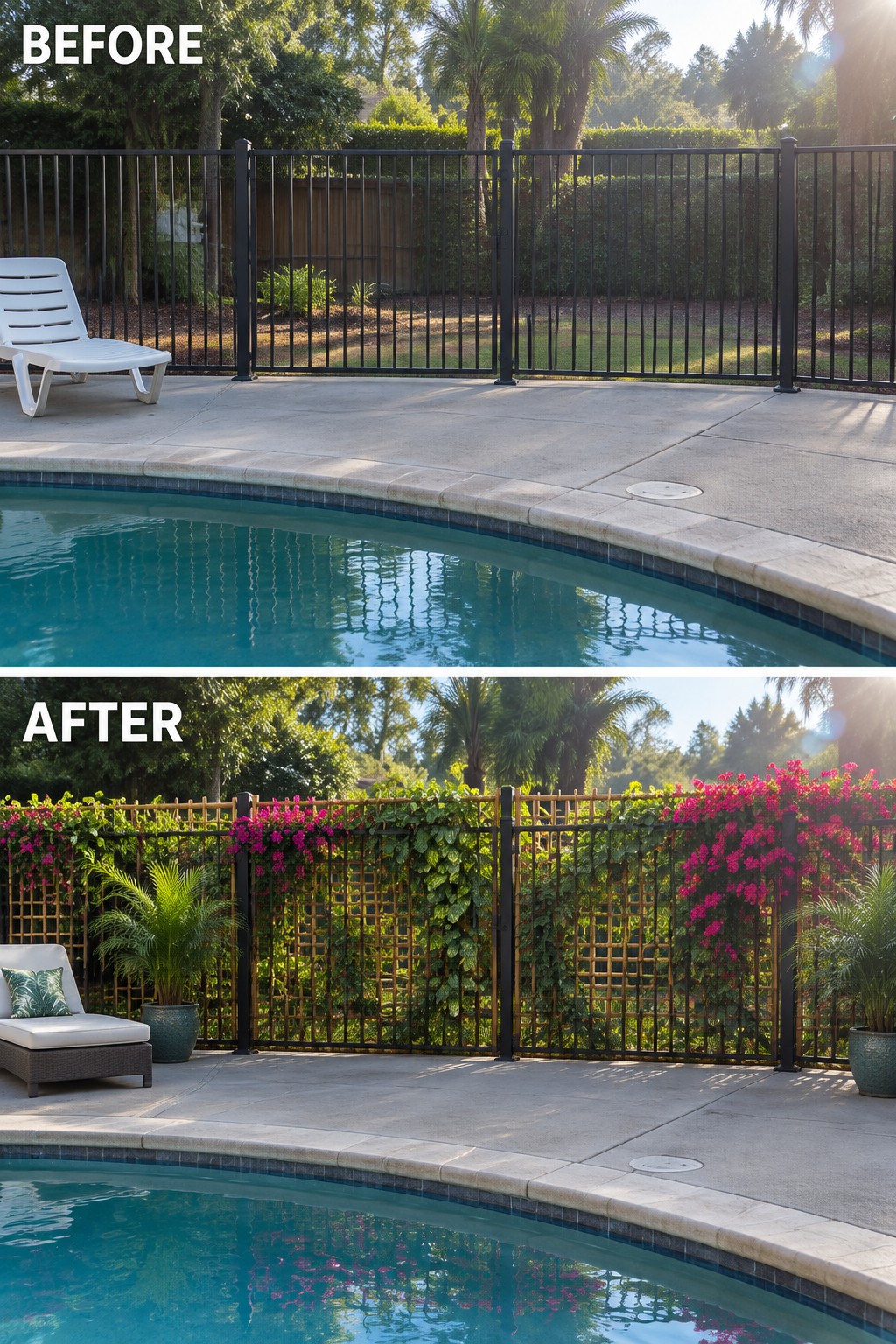 Before-and-after image of a pool fence transformed from plain black metal to one covered with wooden trellis and pink flowering vines.