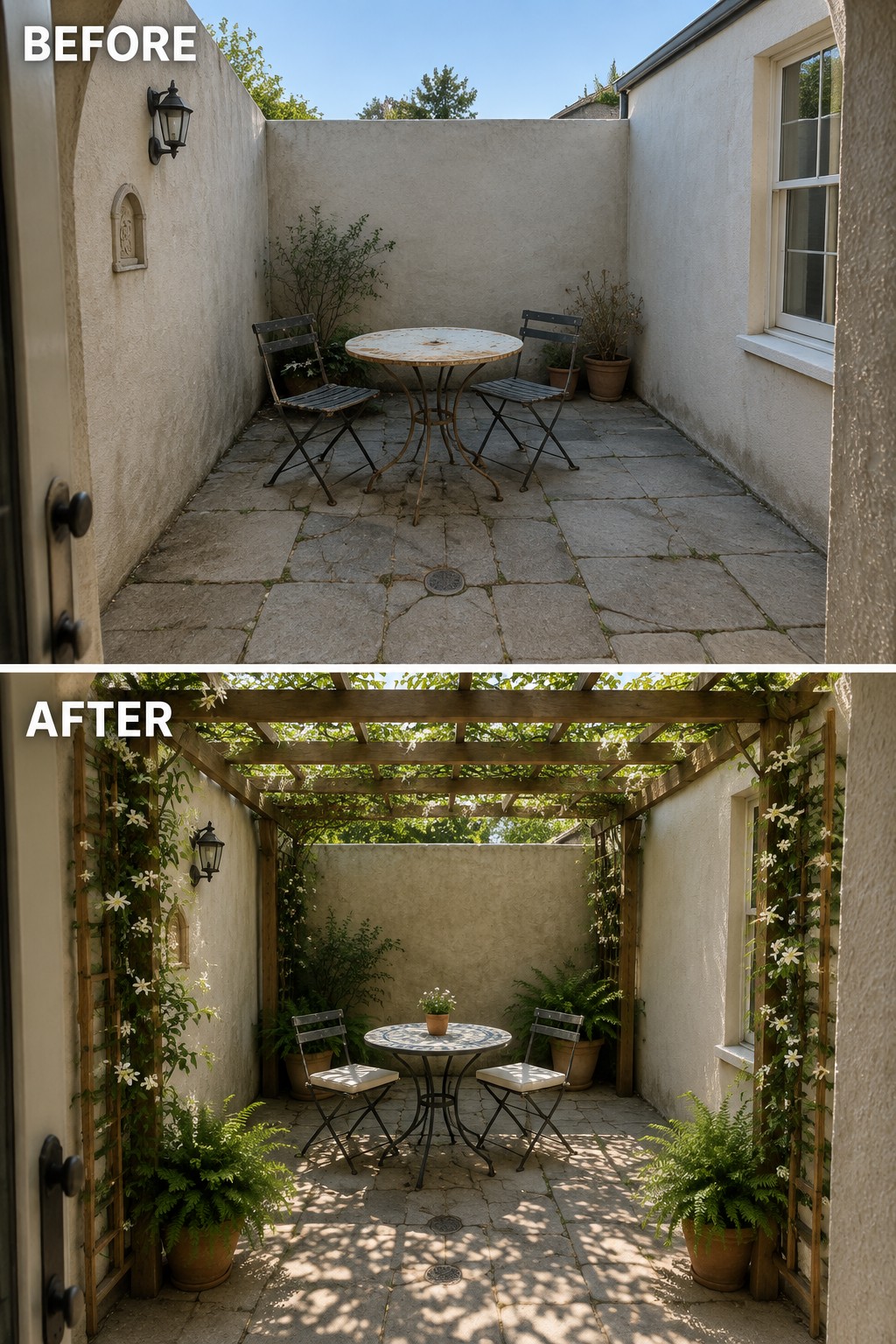 Before-and-after image of a stone courtyard transformed by a wooden pergola covered in vines and flowering trellises mounted on the side walls.