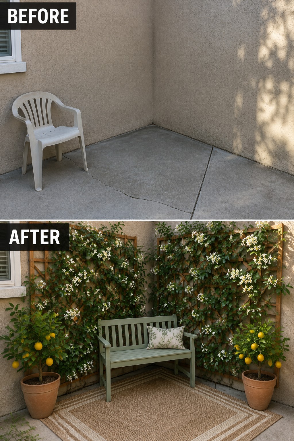 Before-and-after patio: white chair replaced by green bench, vine trellises, lemon pots, and rug.