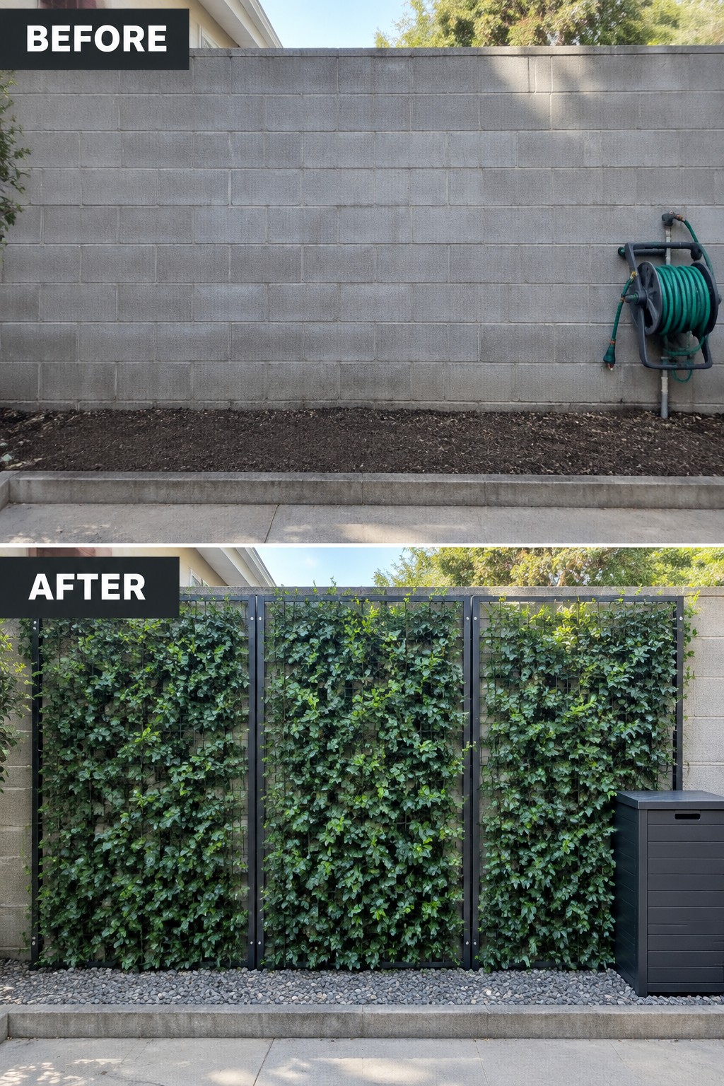 Before and after of gray block wall with green ivy on black trellises