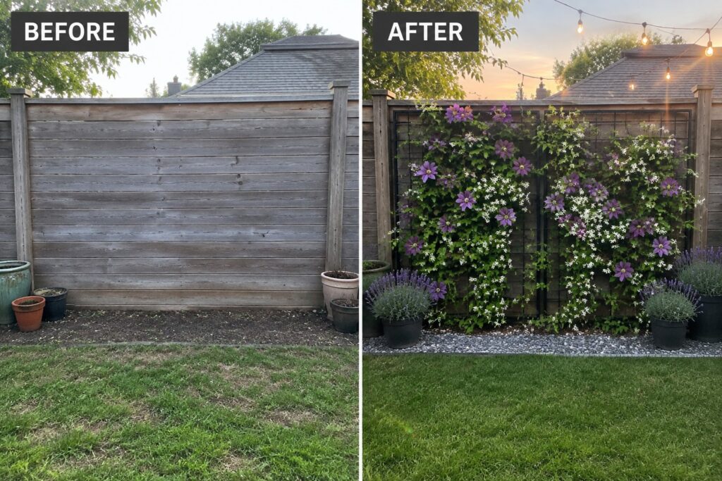 Before and after of plain wooden fence transformed into purple flowering vine trellis with lights.