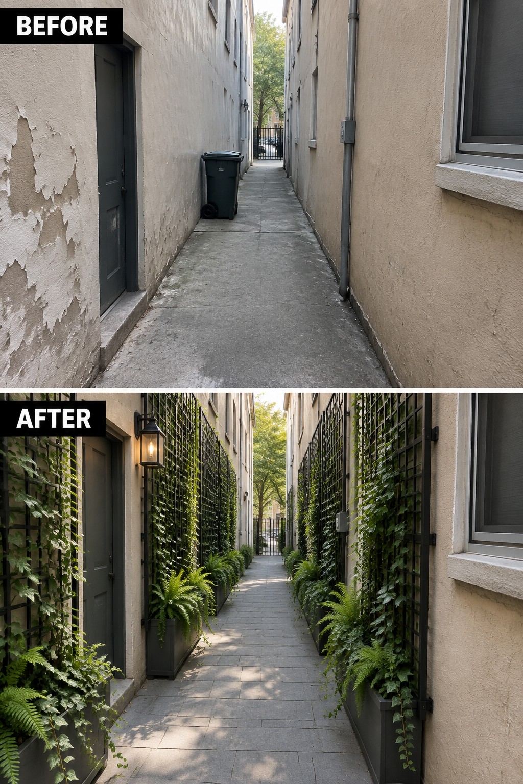 Before-and-after image of a narrow alleyway transformed with black vertical trellises covered in climbing plants and fern planters along the walls.