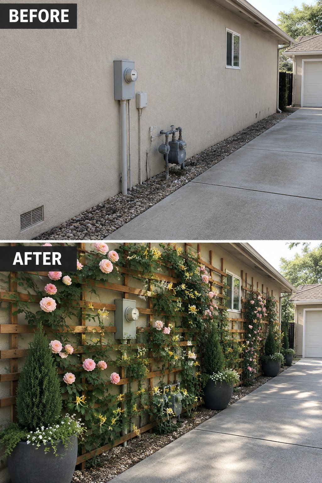 Before-and-after house wall with wooden trellis, pink roses, and potted plants.