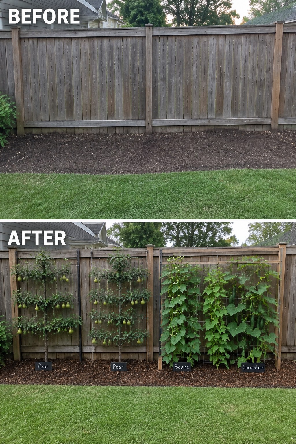 Before-and-after image of a bare fence with dirt at the base changed into a vertical garden using trellises with pear trees, beans, and cucumbers.