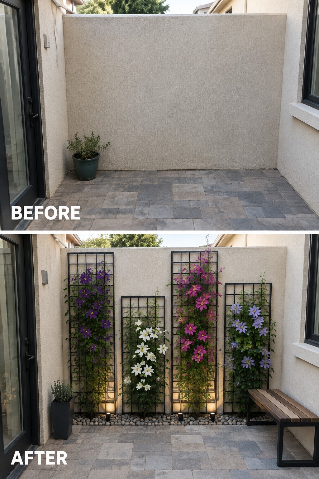 Before-and-after image of a plain patio wall transformed with vertical trellises covered in purple, pink, and white climbing flowers.