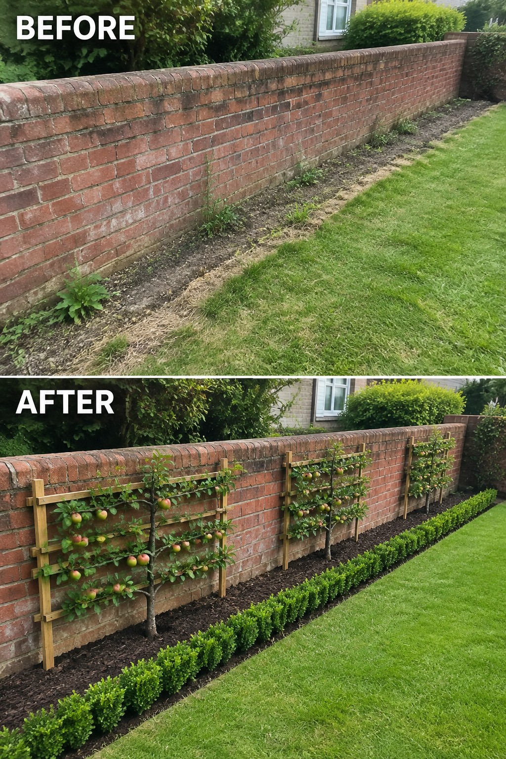 Before-and-after image of a bare weedy strip along a brick wall changed into a border with trellised fruit trees and low shrubs.