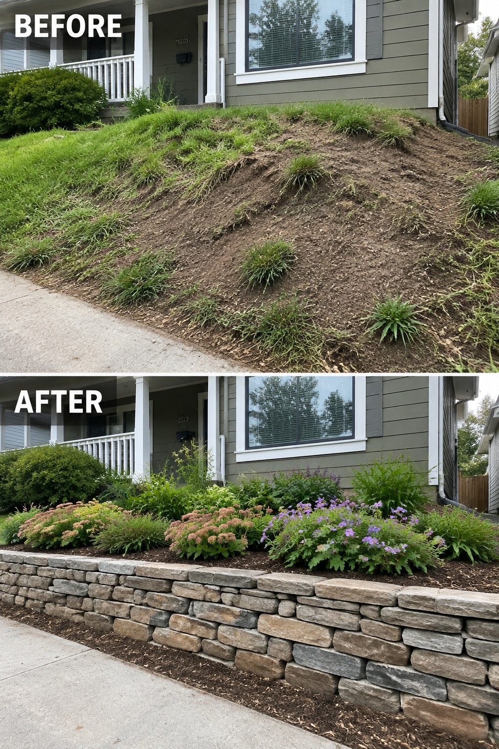 Before-and-after image of an overgrown slope changed into a landscaped area with a stone retaining wall and planted flower beds.
