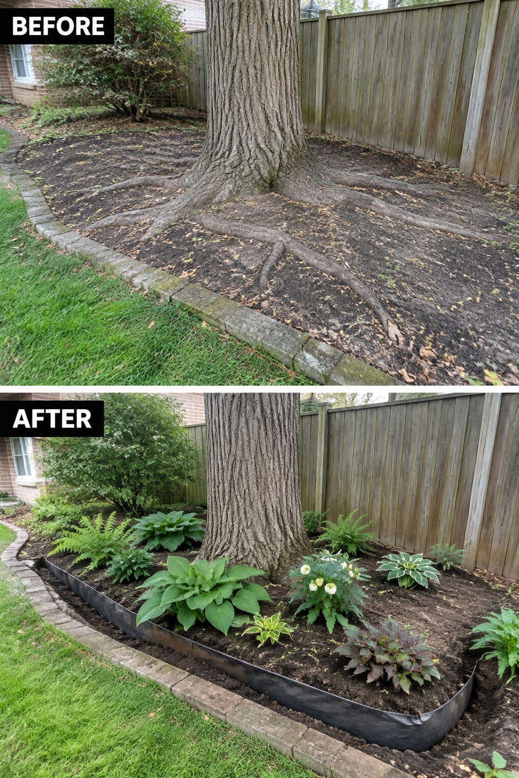 Before-and-after view of tree with bare roots above and planted garden bed below.