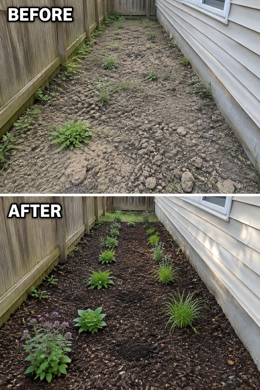 Before-and-after image of a bare cracked dirt strip next to a house turned into a mulched planting bed with arranged flowers and shrubs.