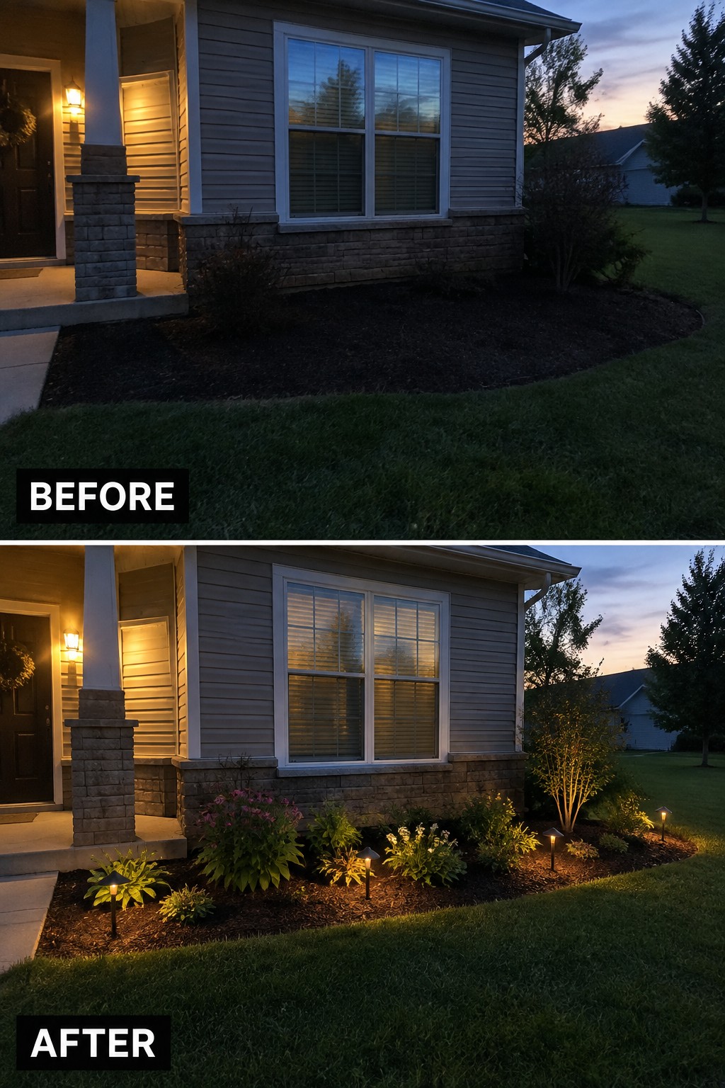 Before and after house exterior with added garden plants and solar lights at dusk