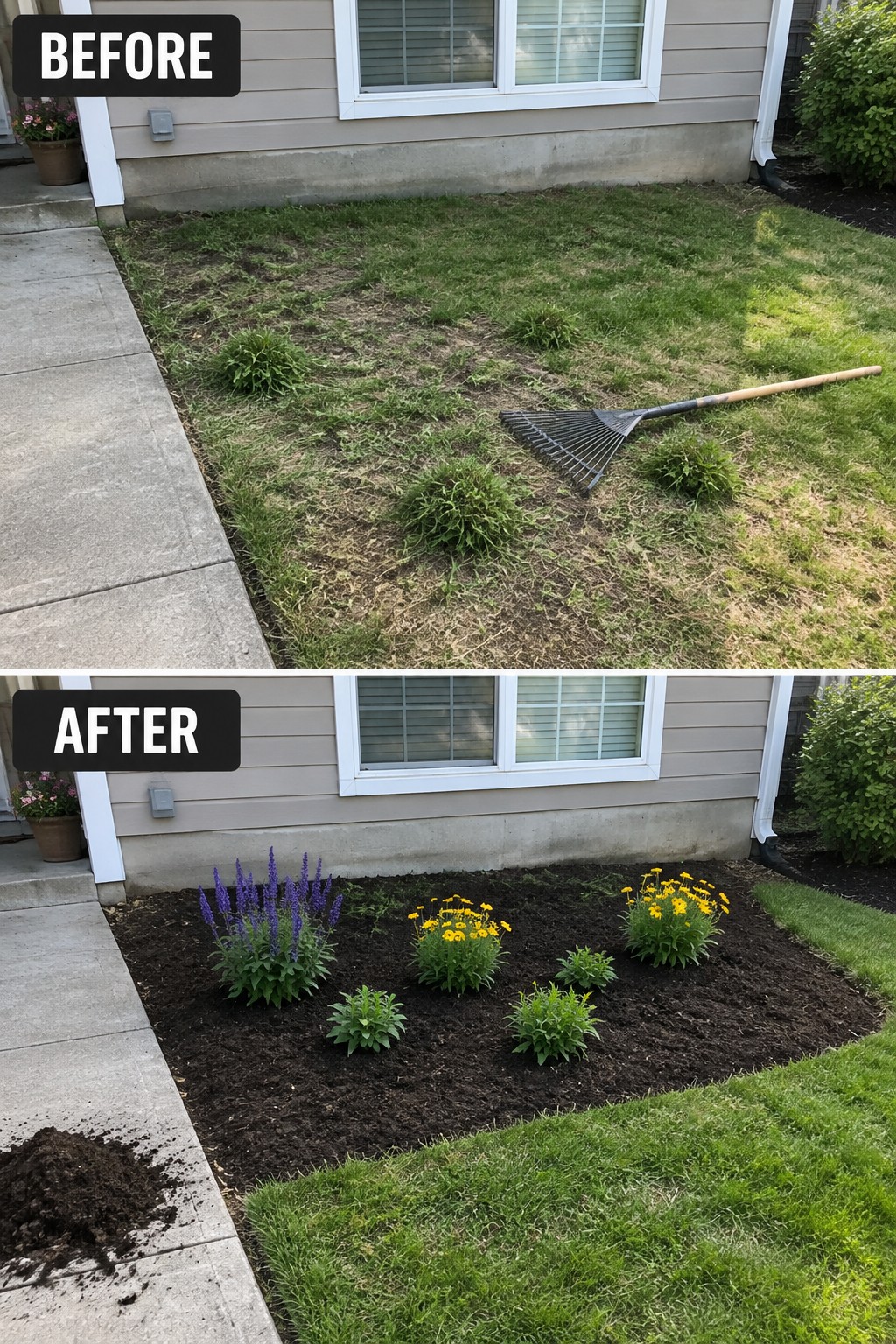 Before-and-after yard transformation from weedy lawn to mulched flower bed.