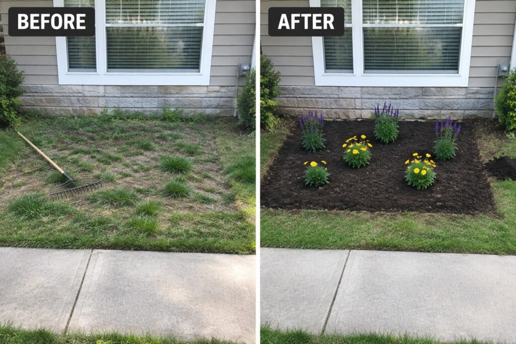 21 Practical Flower Bed Preparation Ideas for New Planting Beds Before-and-after yard transformation from weedy lawn to mulched flower bed.