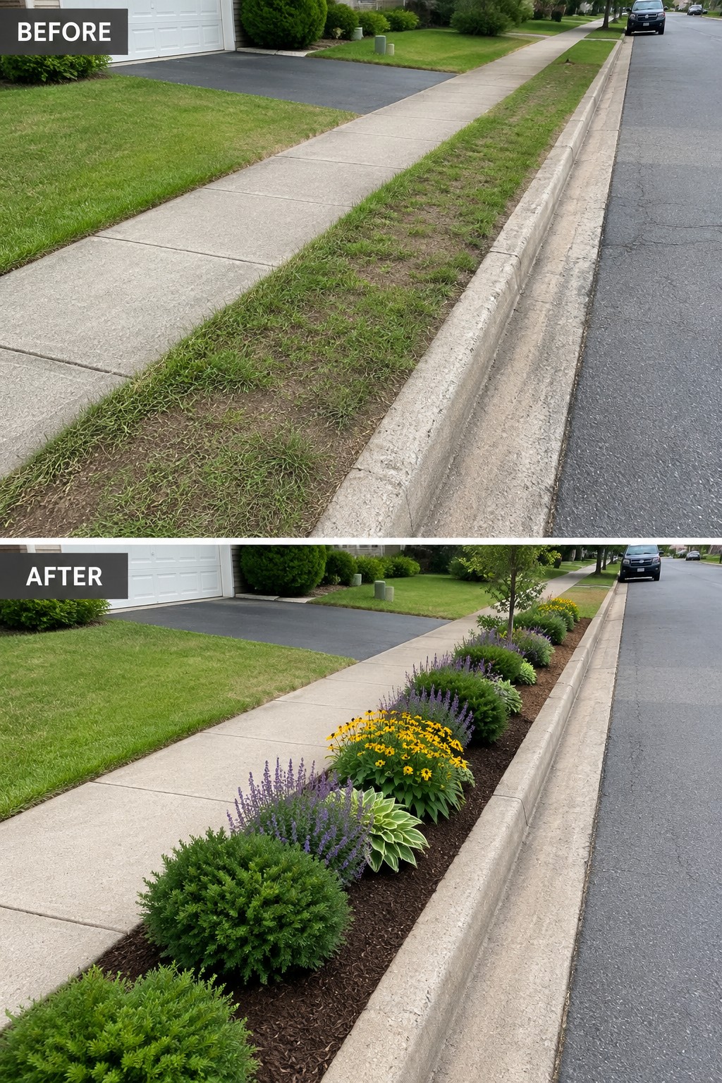 Before-and-after image of an overgrown grassy strip along a sidewalk changed into a mulched flower bed with shrubs and colorful plants.