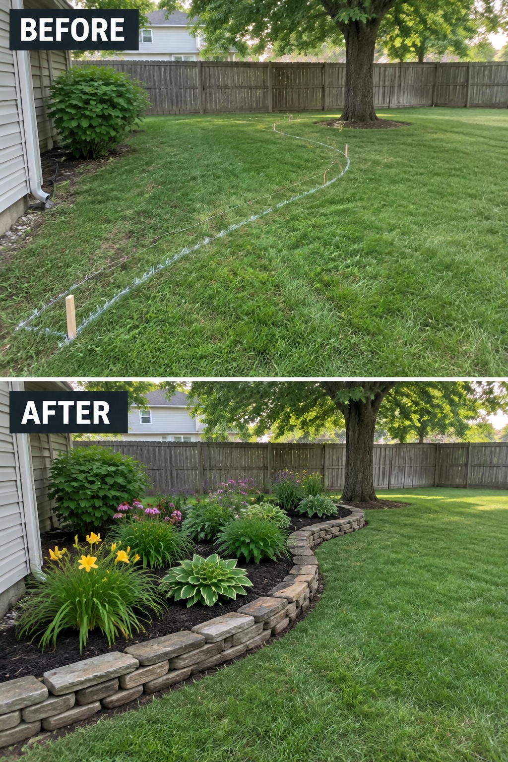 Before-and-after image of a backyard lawn marked with a curved line changed into a stone-edged flower bed filled with plants and mulch.