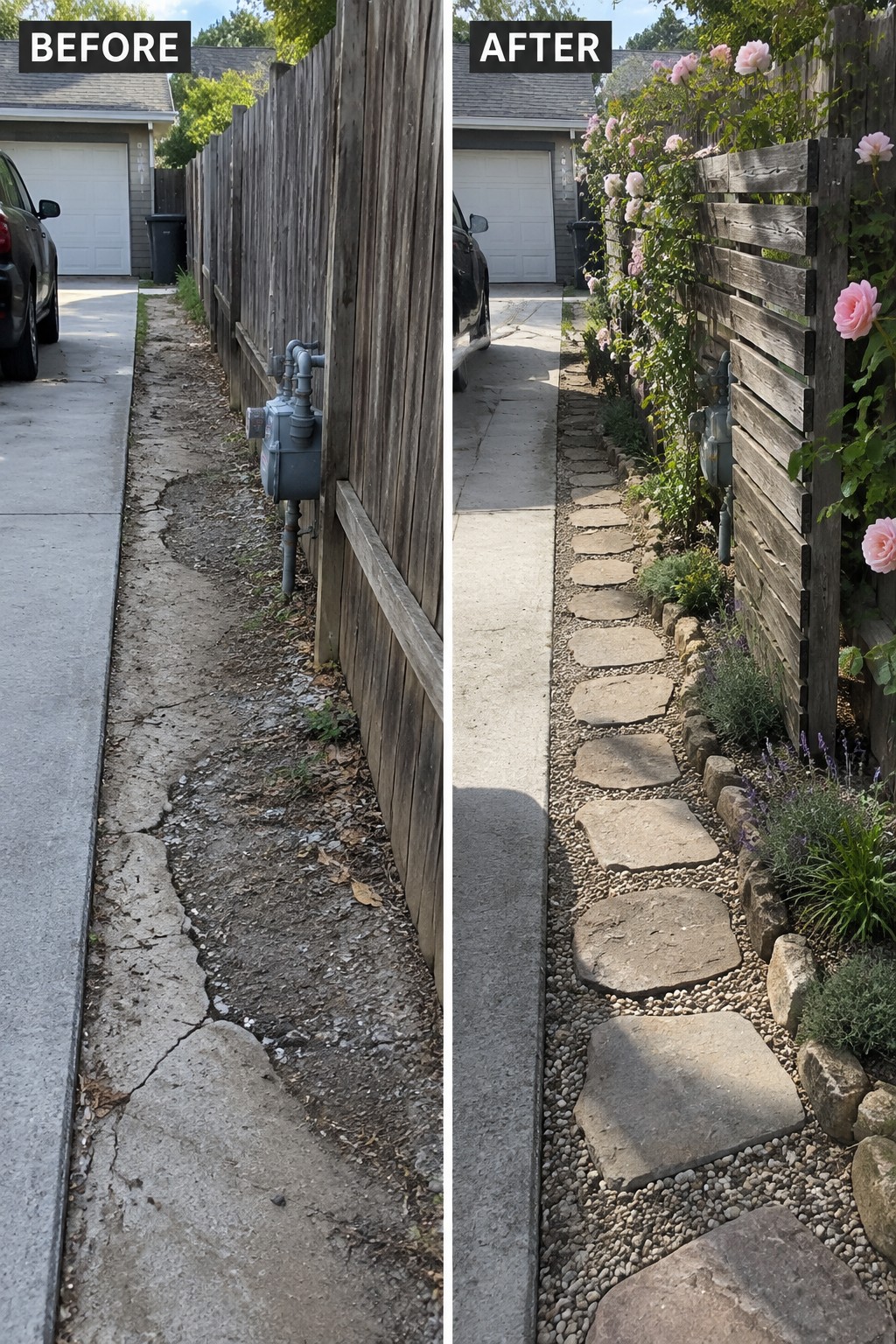 Before-and-after photos of cracked concrete path upgraded to stone stepping stones and roses.