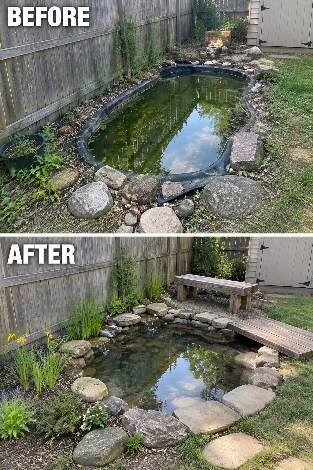 Before and after of murky backyard pond transformed into clear landscaped water feature with bench.