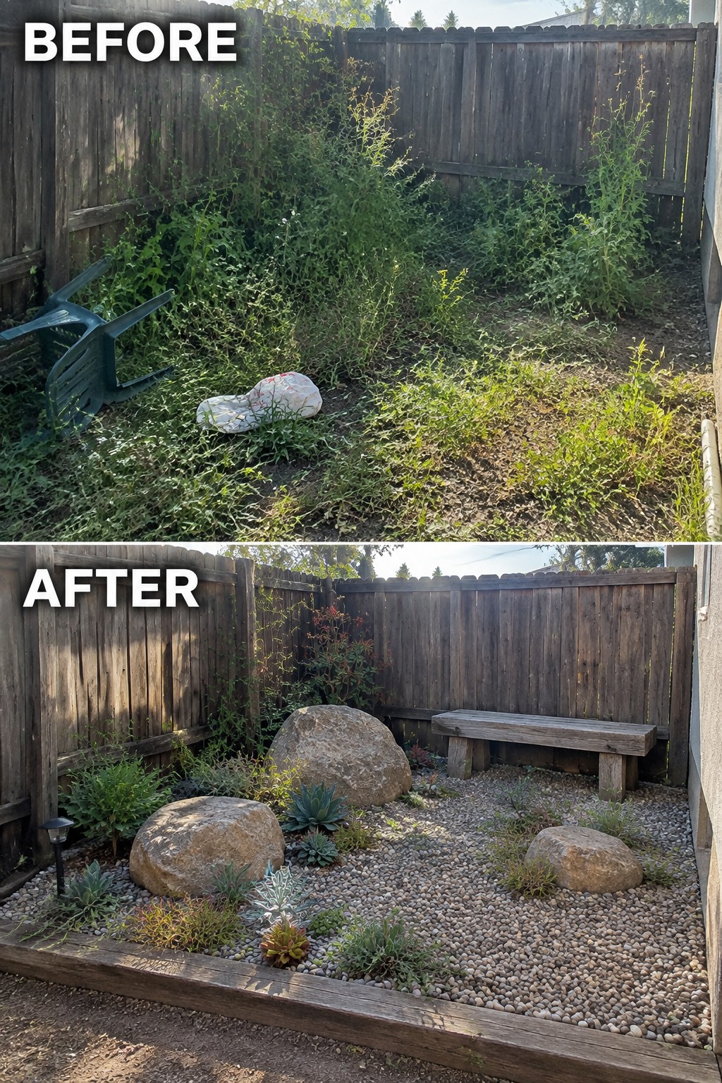 Before-and-after image of an overgrown backyard transformed into a gravel garden with boulders, succulents, and a wooden bench.