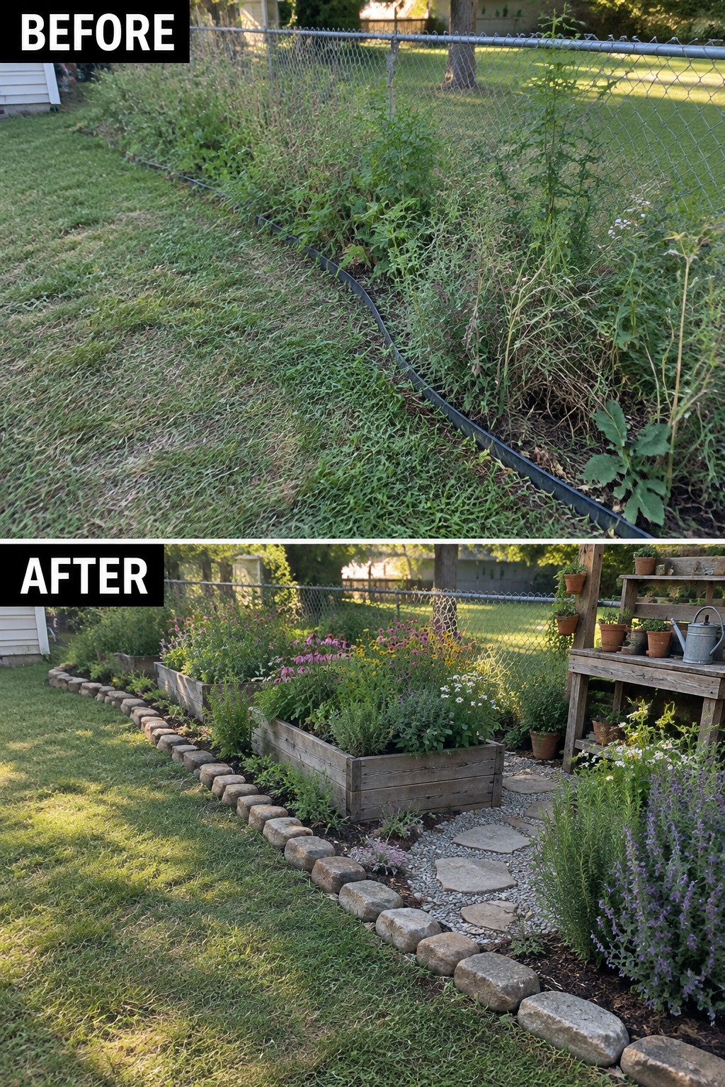 Before-after garden transformation: overgrown weeds to raised beds, flowers, stone borders and potting bench.