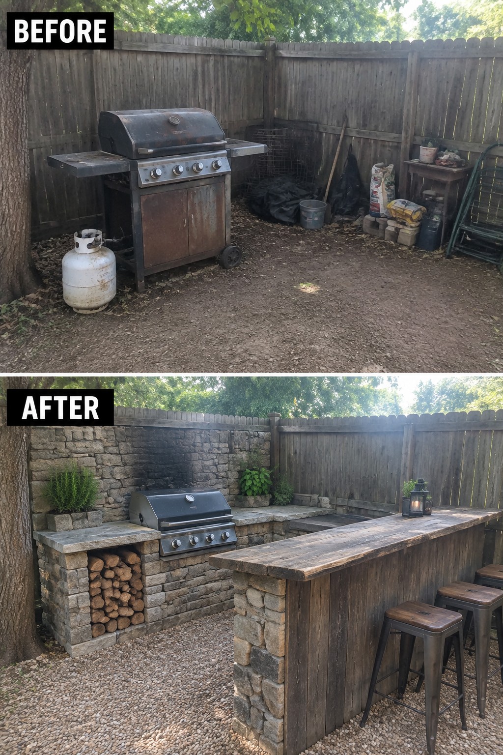 Before and after of rusty grill in messy yard versus stone outdoor kitchen with bar.