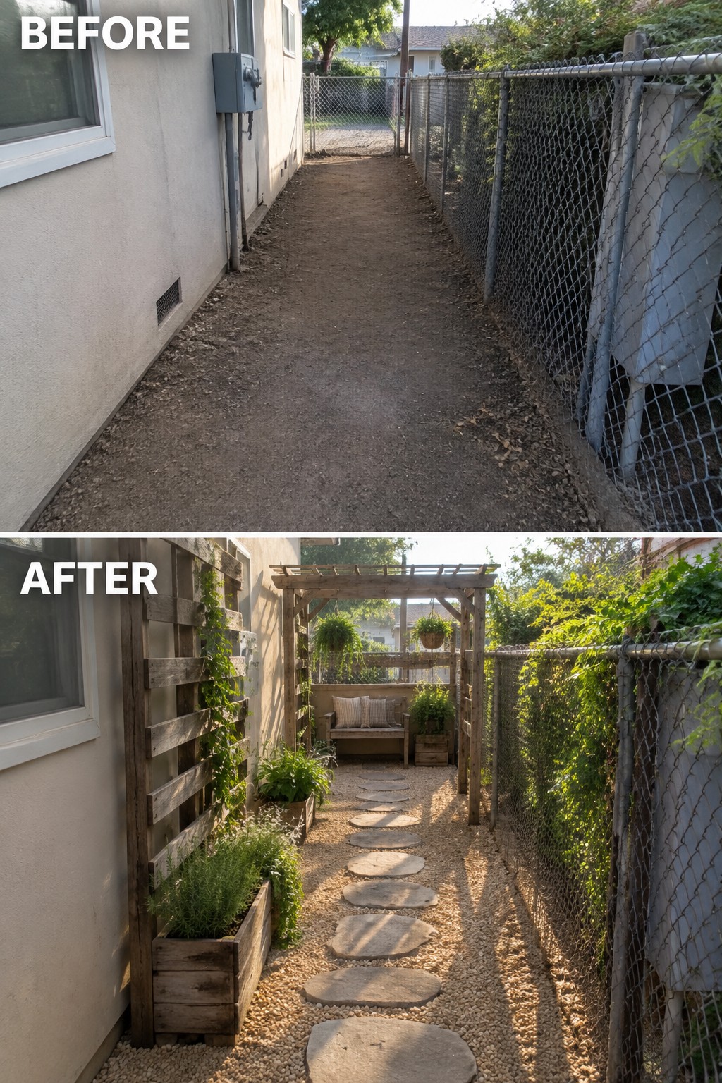 Before and after of dirt path upgraded to gravel walkway with pergola, bench and stepping stones.
