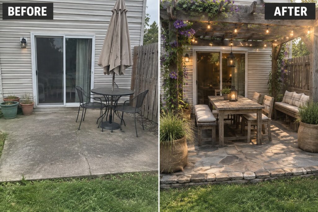21 Rustic Garden Makeover Ideas Using Natural Stone and Weathered Wood Before and after patio transformation with pergola, string lights, and stone pavers.