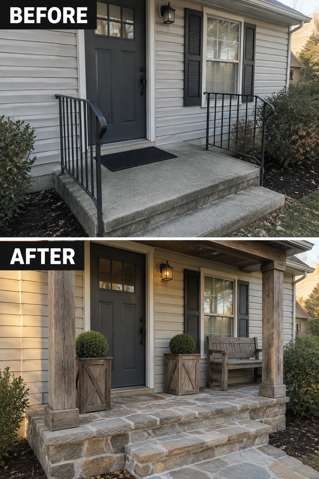 Before-and-after image of a house front entry where concrete steps and metal railings were replaced with stone steps, wooden posts, and rustic planters.