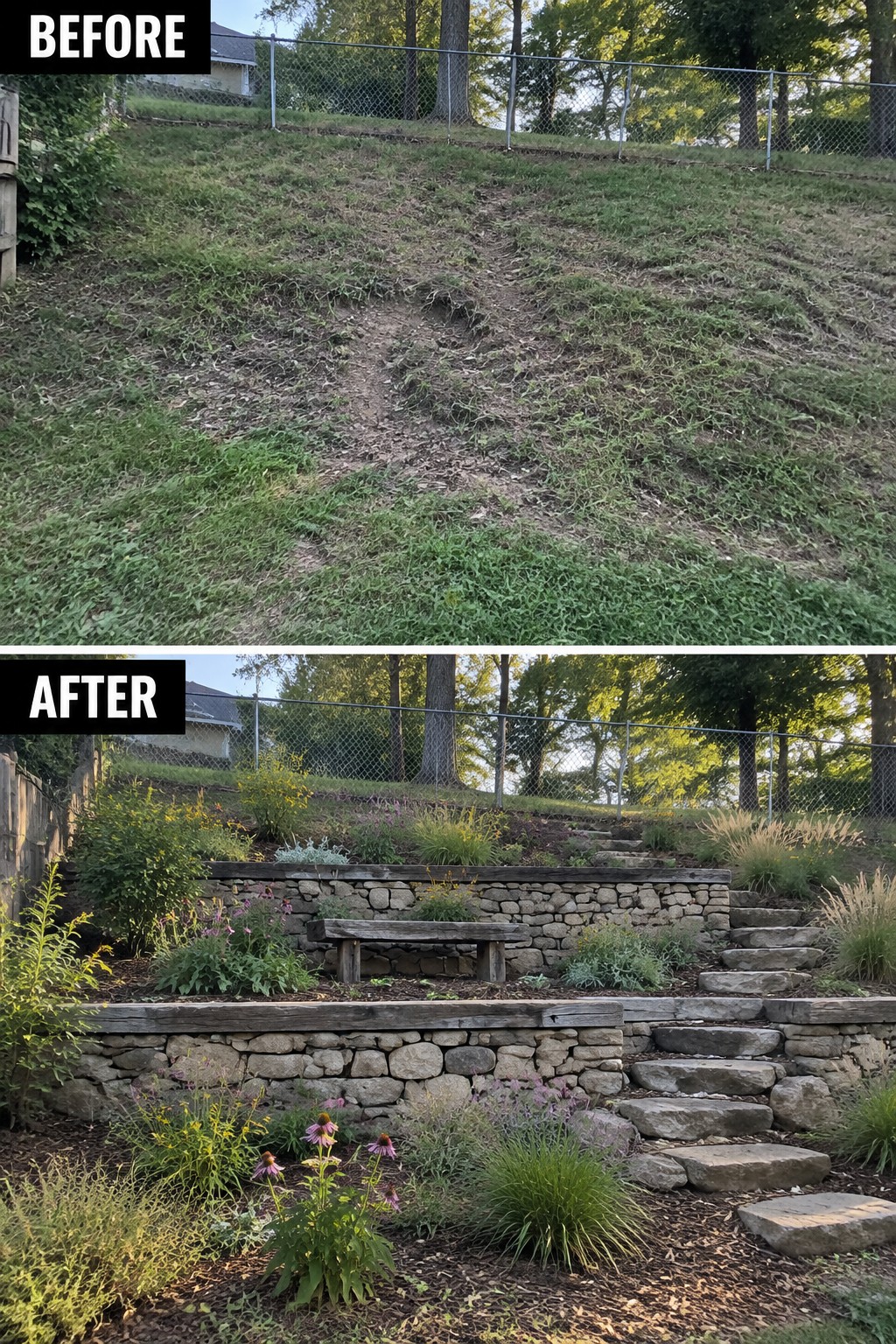Before-and-after image of an overgrown grassy slope transformed into terraced stone retaining walls with planted beds, steps, and a wooden bench.