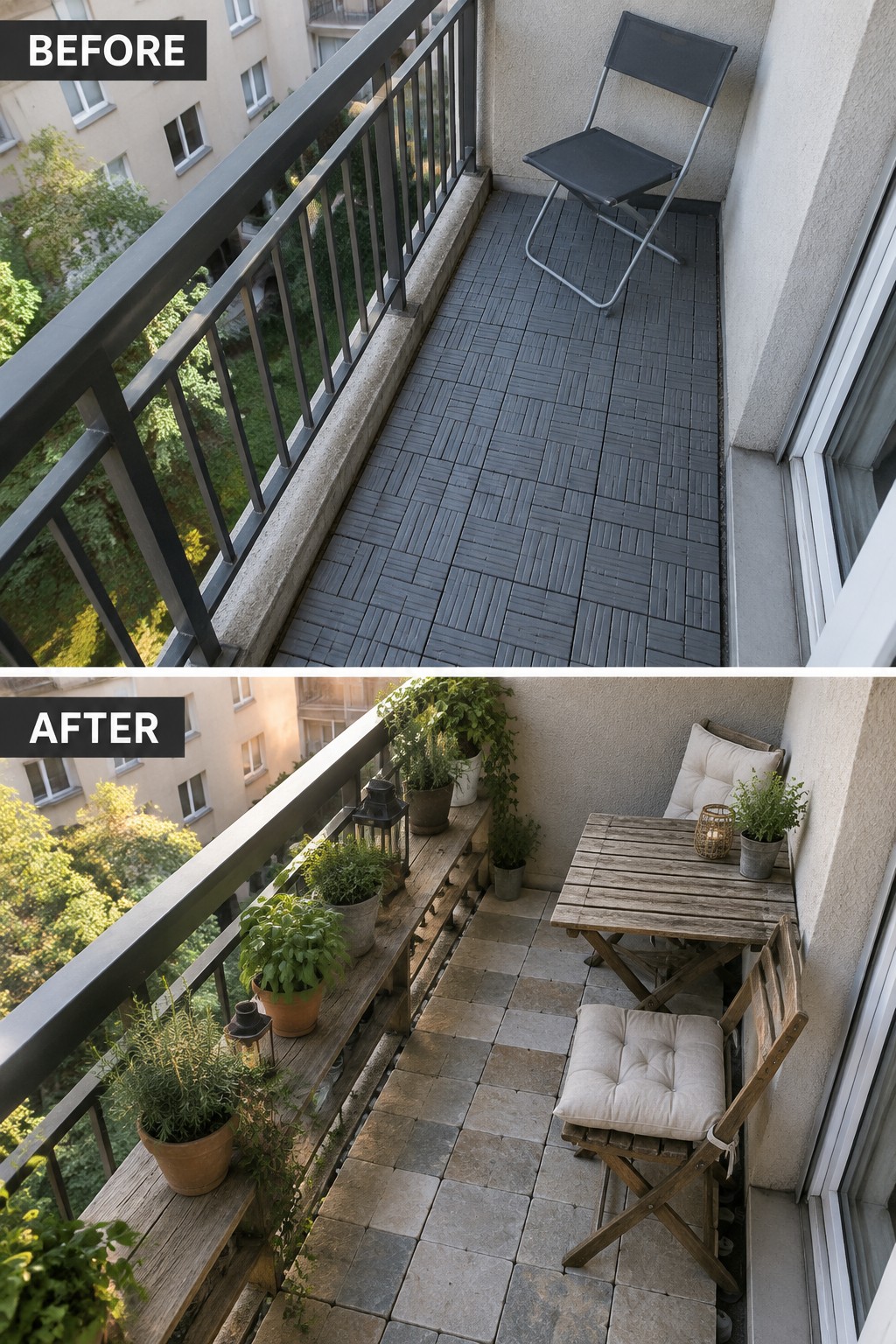 Before and after balcony transformation with plants, wooden furniture, and seating.