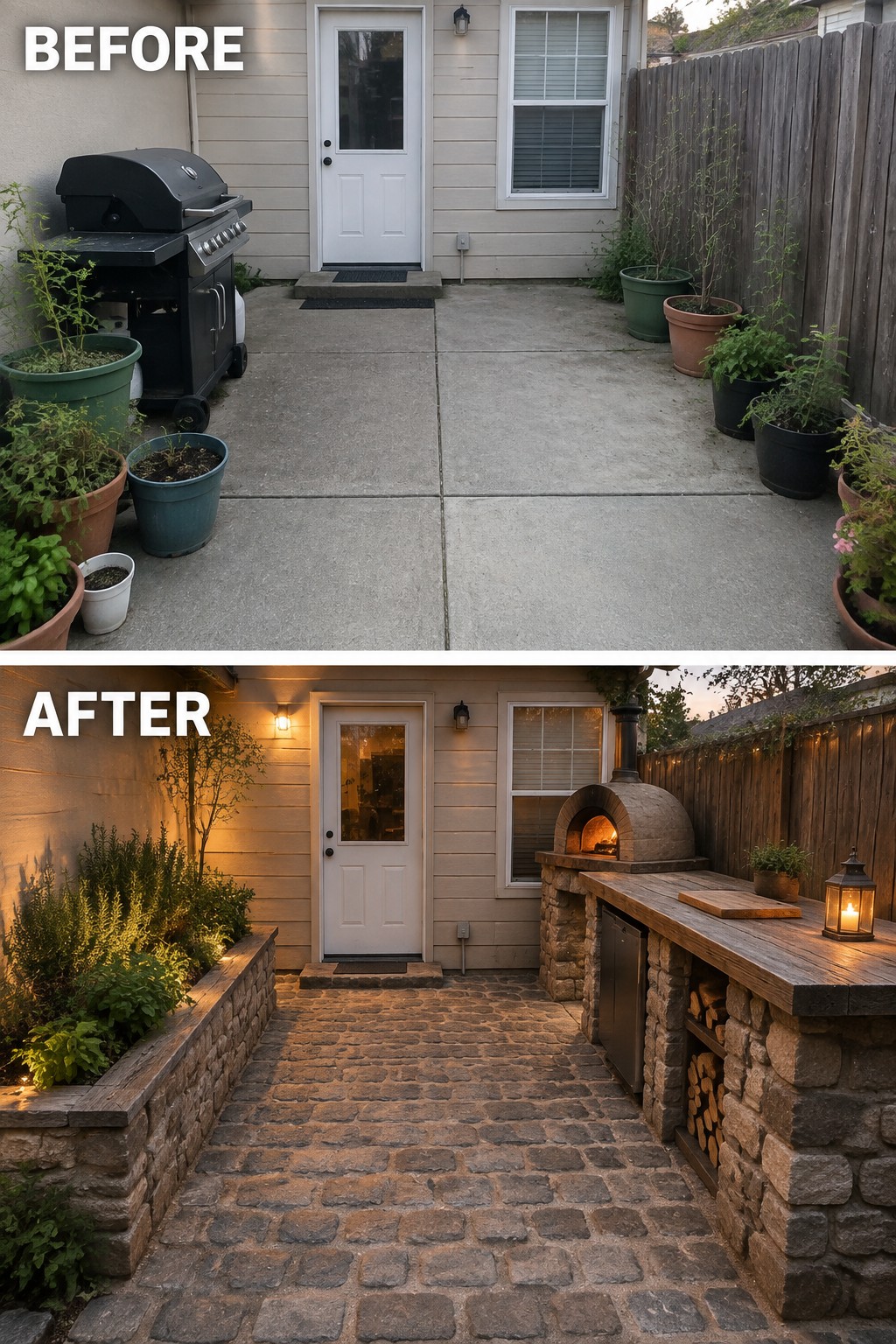 Before-and-after backyard patio remodel from plain concrete to cobblestone with stone pizza oven.