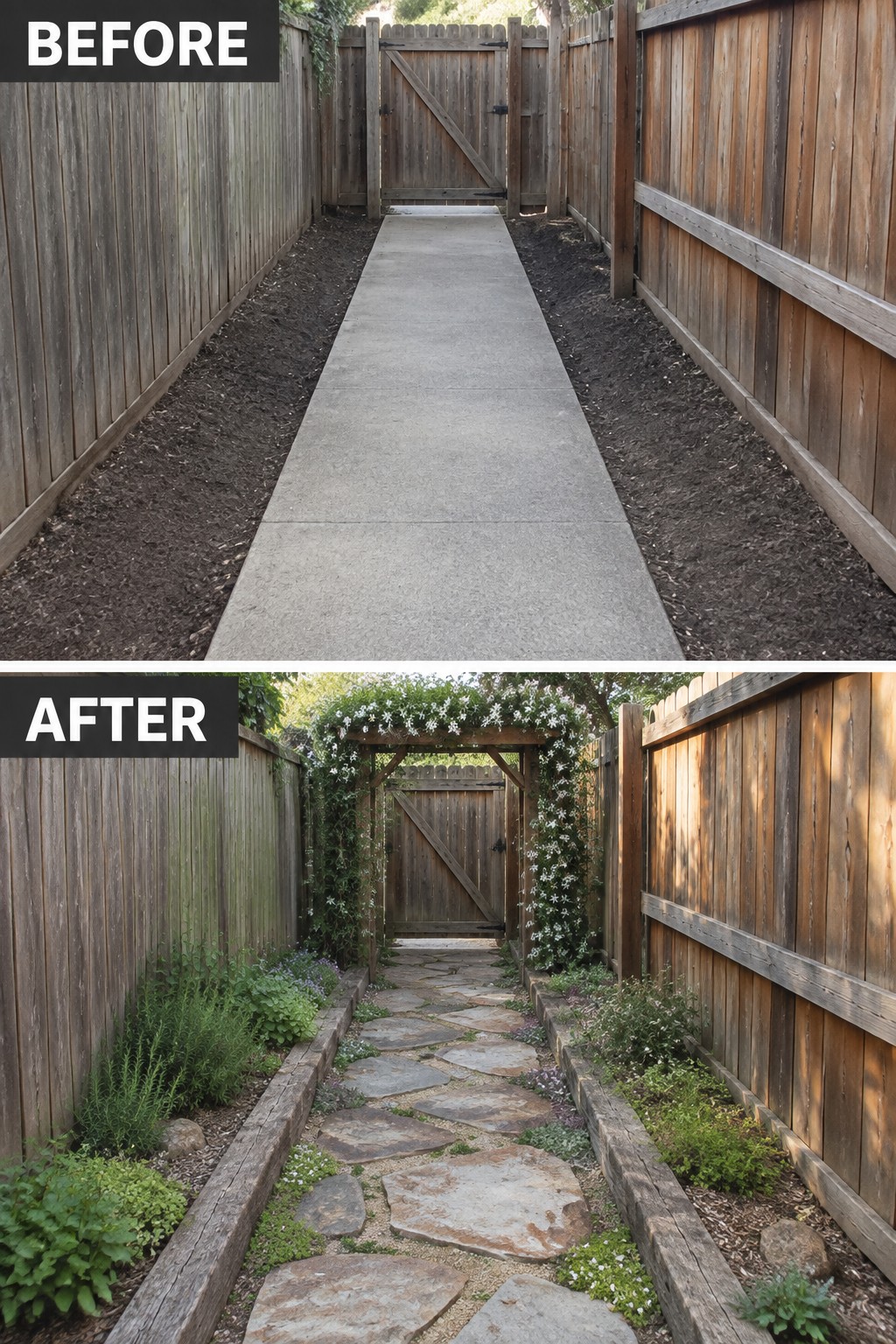 Before-and-after backyard path: concrete replaced by stone pavers, plants, and floral arbor