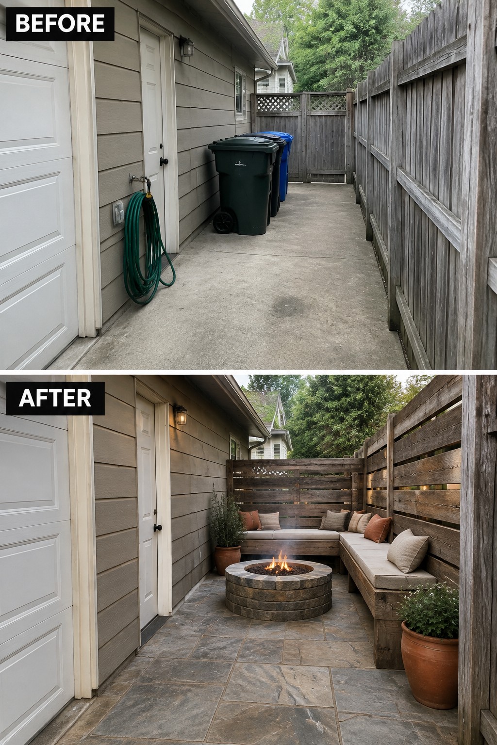 Before and after of narrow patio transformed into cozy lounge with fire pit and benches.