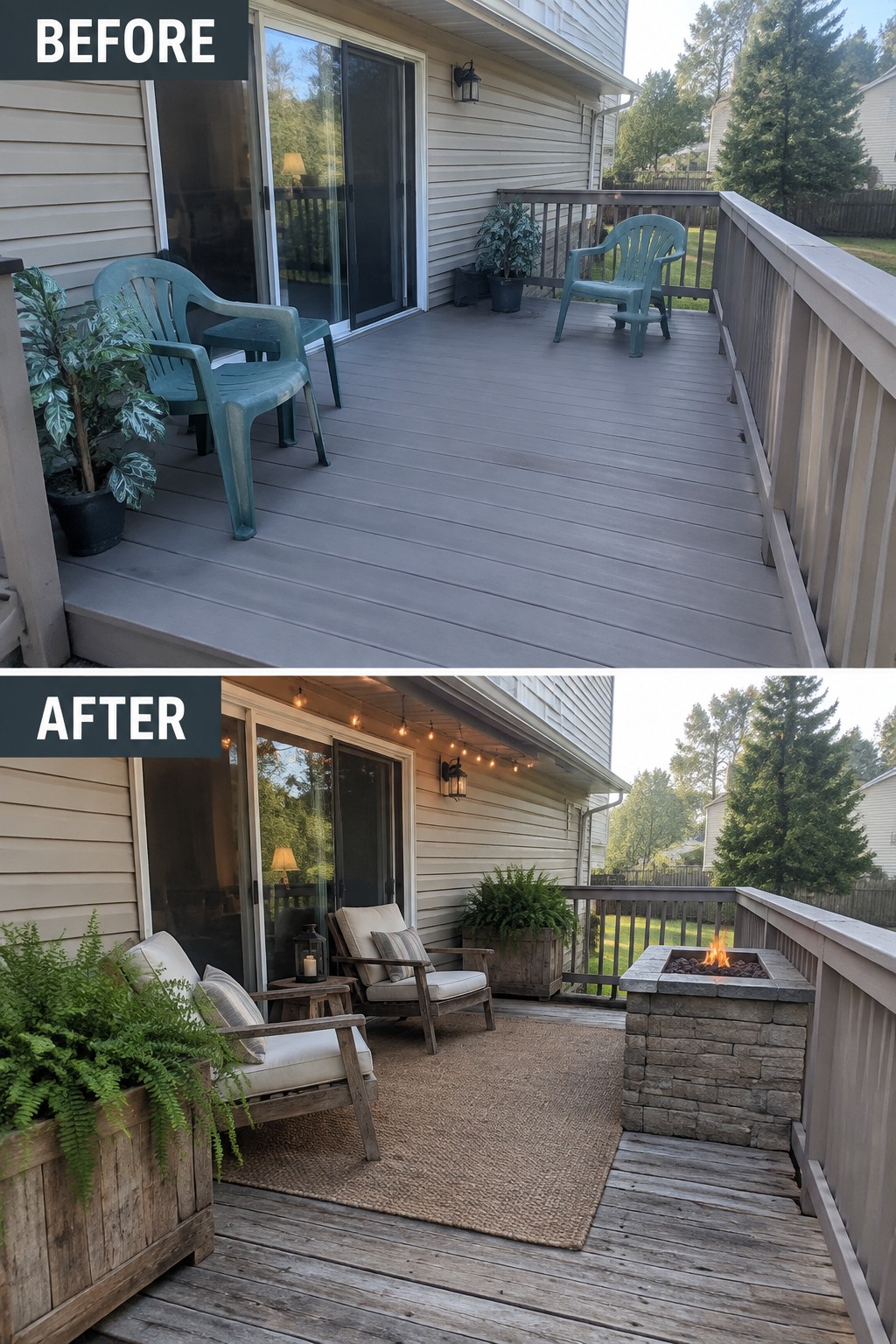 Before and after deck renovation showing plastic chairs replaced by fire pit, rug, and cushioned seating.