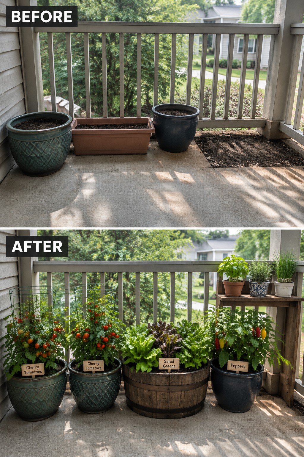 Before and after of porch with empty pots transformed into lush labeled vegetable garden.