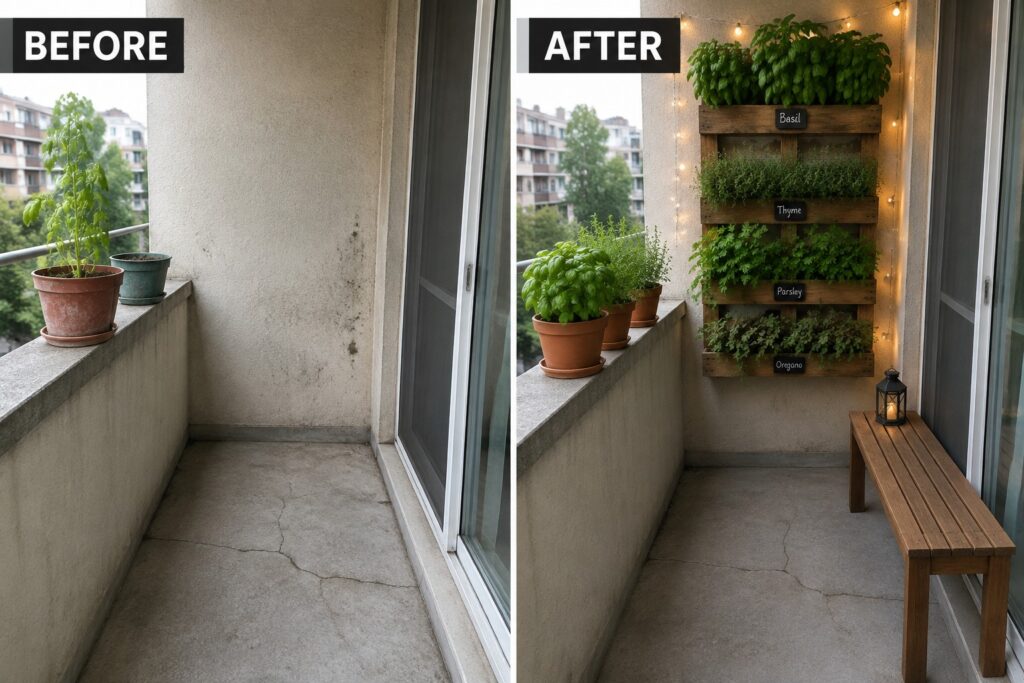 21 Smart Small Garden Makeover Ideas for Container Planting Before-and-after balcony with vertical herb garden, string lights, and wooden bench