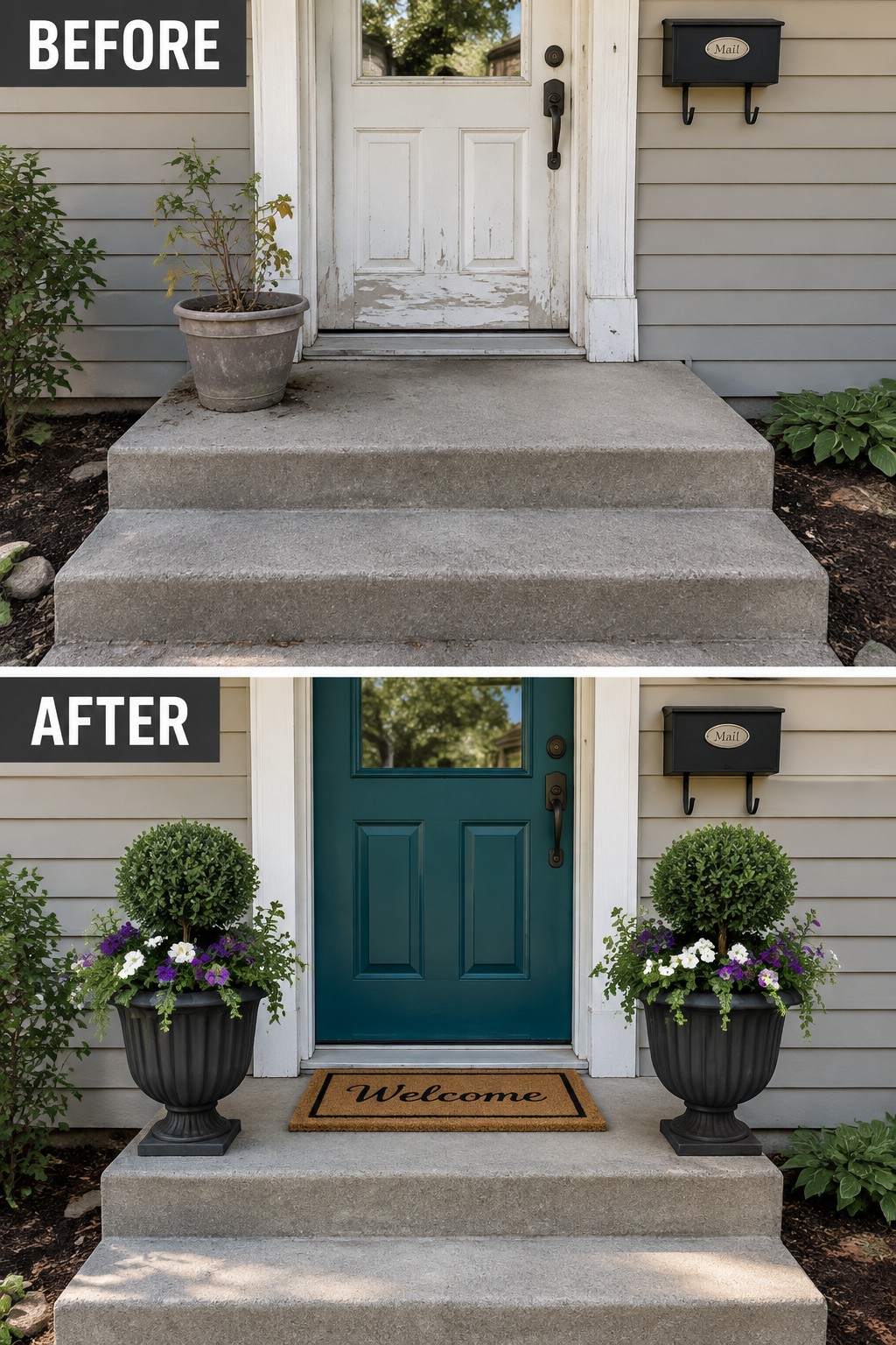 Before and after of entryway with teal door, planters, and welcome mat on steps.